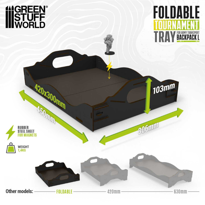 Foldable Tournament Tray for Army Transport Backpack – wymiary 450x306x103mm, pole użytkowe 420x300mm, waga 1,4kg, porównanie z modelami 420mm i 630mm