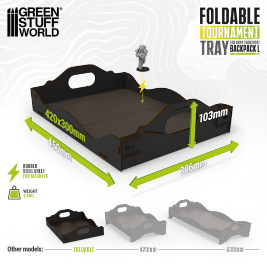 Foldable Tournament Tray for Army Transport Backpack – wymiary 450x306x103mm, pole użytkowe 420x300mm, waga 1,4kg, porównanie z modelami 420mm i 630mm