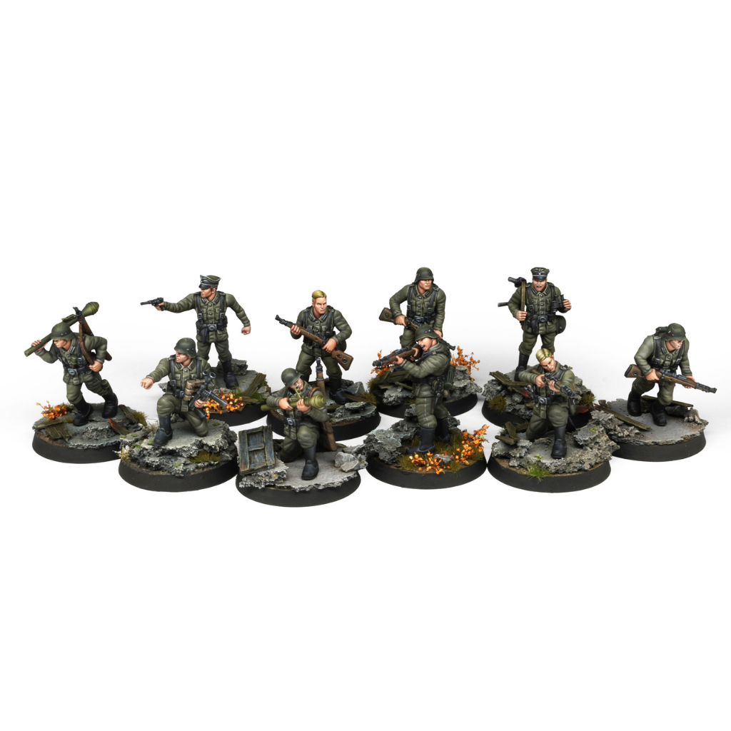 Fortunate Sons - 10 pomalowanych miniatur 30mm niemieckich Panzergrenadierów w zielonych mundurach z karabinami, Panzerfaustem i pistoletem na scenicznych podstawkach z ruinami