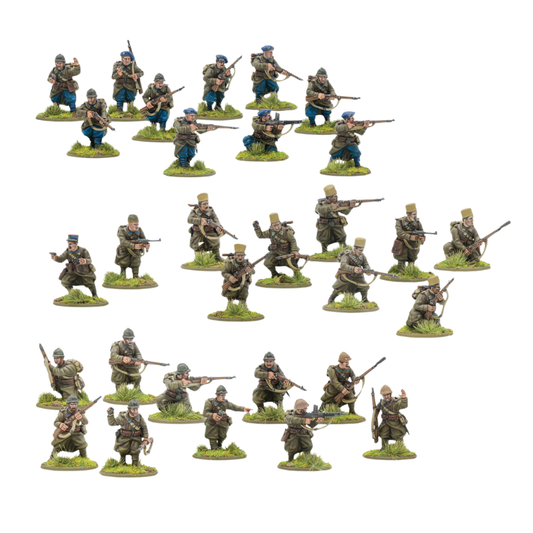 French Army Infantry - Bolt Action 28mm - 30 figurek piechota francuska regularna chasseurs à pied fortress troops engineers colonial troops mundury khaki hełmy Adrian berety podstawki - Warlord Games