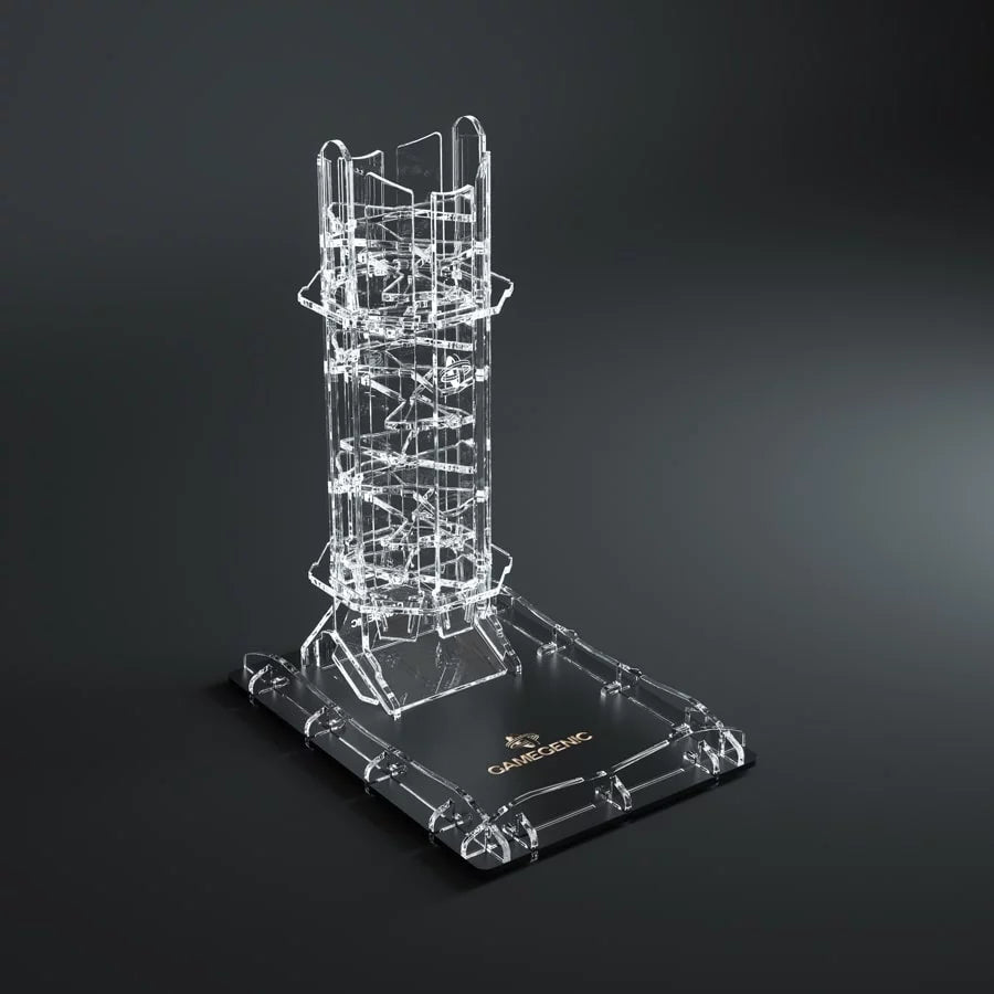 Gamegenic Crystal Twister Premium Dice Tower – widok ogólny przezroczystej wieży na kości, zestaw złożony gotowy do użycia
