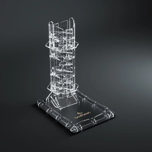 Gamegenic Crystal Twister Premium Dice Tower – widok ogólny przezroczystej wieży na kości, zestaw złożony gotowy do użycia
