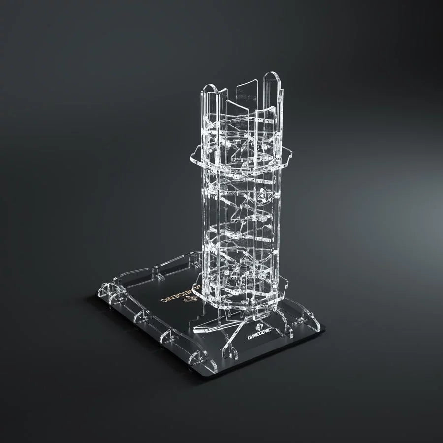 Gamegenic Crystal Twister Premium Dice Tower – widok z boku na przezroczystą konstrukcję wieży i tacę do zbierania kości
