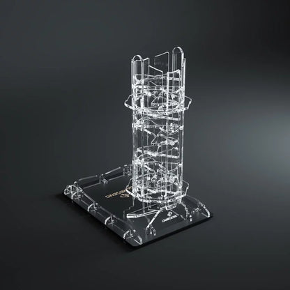 Gamegenic Crystal Twister Premium Dice Tower – widok z boku na przezroczystą konstrukcję wieży i tacę do zbierania kości
