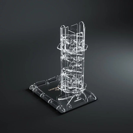 Gamegenic Crystal Twister Premium Dice Tower – widok z boku na przezroczystą konstrukcję wieży i tacę do zbierania kości
