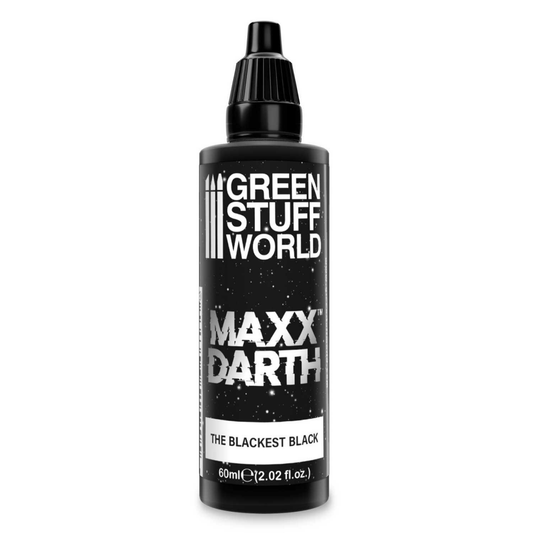 Maxx Darth Black Paint Green Stuff World – butelka 60ml z zakrętką kroplową, napis "The Blackest Black", widok z przodu
