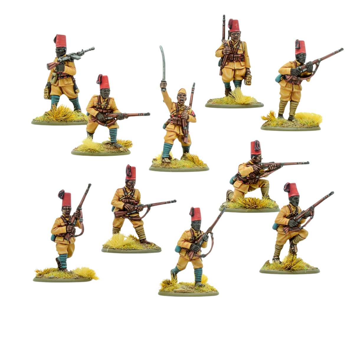 Italian Colonial Troops Infantry Squad Warlord Games – 10 pomalowanych metalowych figurek erytrejskich żołnierzy Ascari 28mm Bolt Action, mundury khaki, charakterystyczne czerwone fezy, uzbrojenie w karabiny z bagnetami i LKM, oficer z szablą, różne pozy bojowe, podstawki z trawą pustynną, widok z przodu, białe tło

