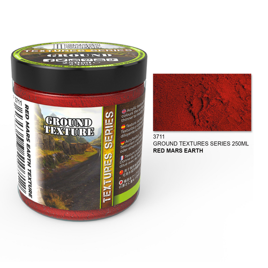 Textured Paint Red Mars Earth Green Stuff World – słoik 250ml akrylowej pasty teksturującej w kolorze czerwonej ziemi z serii Ground Textures Series, obok próbka tekstury z pęknięciami w odcieniu czerwonego marsa, napis "Ground Texture", MPN 3711
