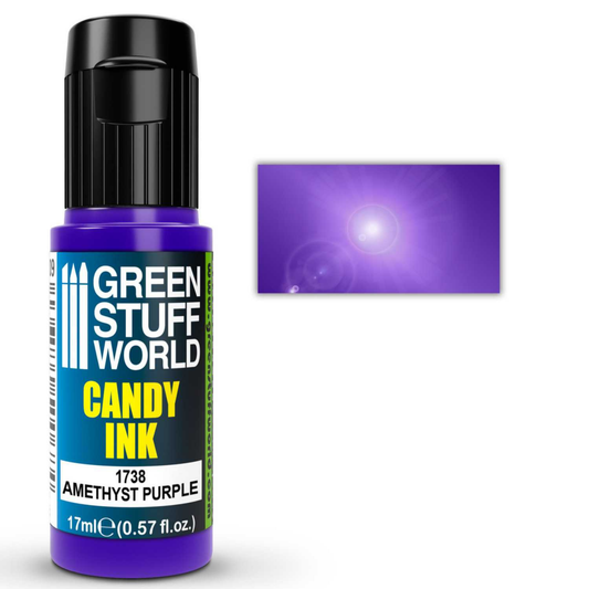 Candy Ink Amethyst Purple Green Stuff World – butelka dropper 17ml z transparentnym tuszem akrylowym w kolorze fioletu ametystowego, obok próbka koloru z efektem połysku gloss, napis "Candy Ink 1738 Amethyst Purple", pojemność 17ml (0,57 fl.oz.), logo GSW
