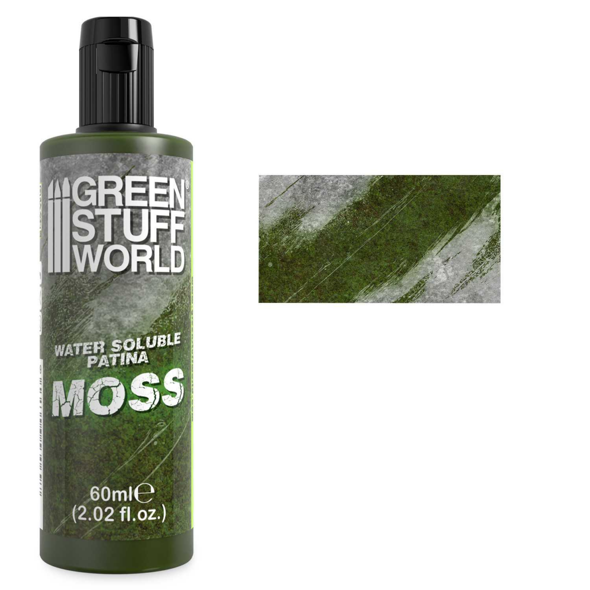 Water Soluble Patina Moss Green Stuff World – butelka 60ml (2.02 fl.oz.) z próbką efektu mchu na betonie, napis "Water Soluble Patina Moss"

