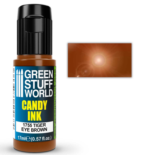 Candy Ink Tiger Eye Brown Green Stuff World – butelka dropper 17ml z transparentnym tuszem akrylowym w kolorze brązu tygrysiego oka, obok próbka koloru z efektem połysku gloss, napis "Candy Ink 1755 Tiger Eye Brown", pojemność 17ml (0,57 fl.oz.), logo GSW
