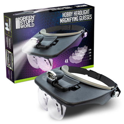 Hobby Headlight Magnifying Glasses Green Stuff World – nagłowna lupa z oświetleniem LED obok pudełka z napisem "Hobby Headlight Magnifying Glasses", 4 wymienne soczewki: 1.2x, 1.8x, 2.5x, 3.5x
