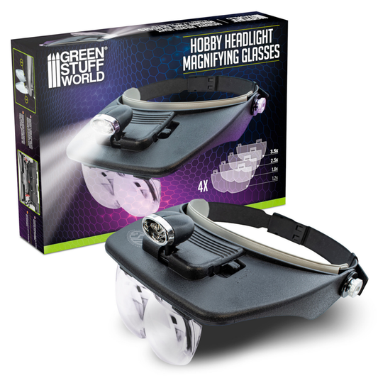 Hobby Headlight Magnifying Glasses Green Stuff World – nagłowna lupa z oświetleniem LED obok pudełka z napisem "Hobby Headlight Magnifying Glasses", 4 wymienne soczewki: 1.2x, 1.8x, 2.5x, 3.5x
