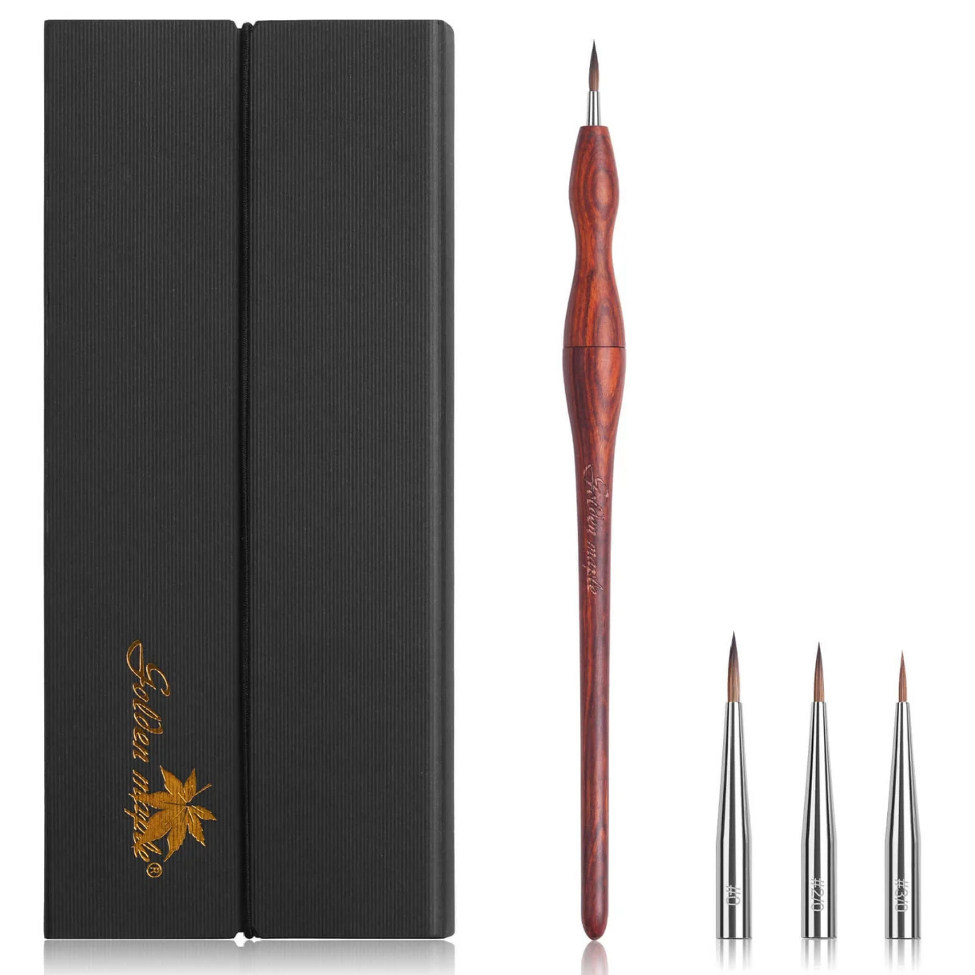 Replaceable-Tip Kolinsky Sable Brush Golden Maple – rączka z czerwonego sandałowca z 4 wymiennymi główkami Kolinsky i eleganckim czarnym pudełkiem prezentowym
