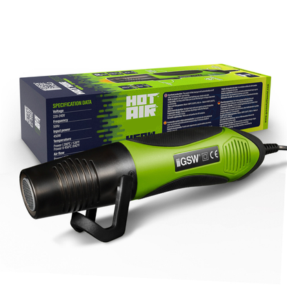 Hot Air Gun 450W Green Stuff World – zielono-czarna opalarka hobbystyczna z wbudowaną podstawką obok pudełka z napisem "Hot Air Gun 450W 2 Powers", specyfikacja: 220-240V, 450W, tryb I 280°C/536°F, tryb II 450°C/842°F
