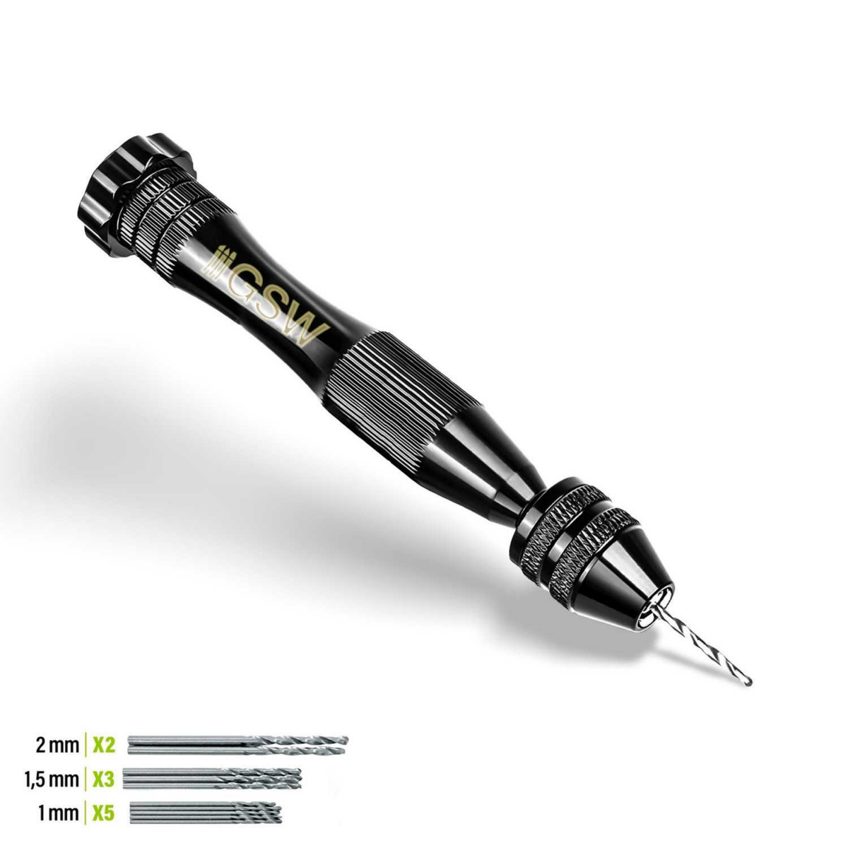 Hobby Hand Drill Green Stuff World – czarna aluminiowa ręczna wiertarka Pin Vise w kształcie pióra z zamontowanym wiertłem 1mm, zestaw 10 wierteł: 2mm x2, 1.5mm x3, 1mm x5, widok na białym tle
