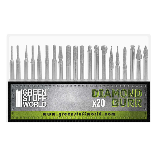 Diamond Burr Set Green Stuff World – 20 frezów diamentowych Grit 150 w 20 różnych kształtach ustawionych w przezroczystym stojaku, widok z przodu, napis "Diamond Burr x20", logo Green Stuff World
