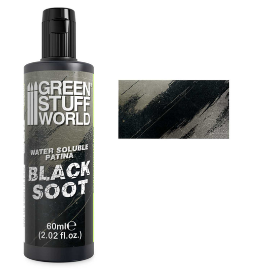 Water Soluble Patina Black Soot Green Stuff World – butelka 60ml z zakrętką Flip Top i próbką efektu sadzy na metalu, napis "Black Soot"
