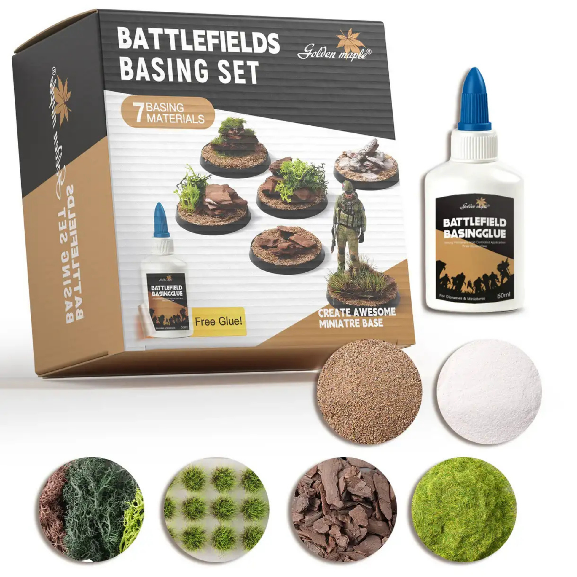 Battlefield Basing Set Golden Maple – pudełko zestawu z napisem "Battlefields Basing Set – 7 Basing Materials" z przykładami gotowych baz (trawa, krzewy, kamienie, śnieg), obok butelka kleju Battlefield Basingglue 50ml z niebieską zakrętką oraz 6 próbek materiałów: kamienie korowe, proszek śnieżny, piasek Battleground, krzewy Shrubbery, kępy Swamp Tufts, trawa Battlefield Grass, białe tło
