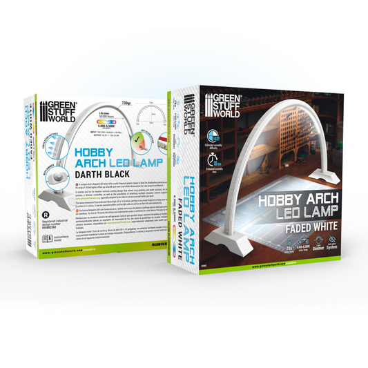 Hobby Arch LED Lamp Faded White Green Stuff World – pudełko produktu z przodu i tyłu, biała łukowa lampa LED 78 diod 6000-6500K z dimmerem i systemem antyodblaskowym, infografika z parametrami technicznymi, MPN 11061, logo GSW
