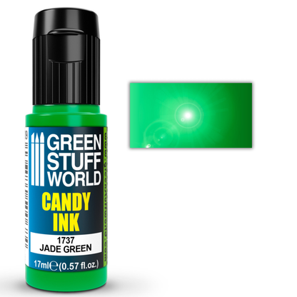 Candy Ink Jade Green Green Stuff World – butelka dropper 17ml z transparentnym tuszem akrylowym w kolorze zieleni jadeitowej, obok próbka koloru z efektem połysku gloss, napis "Candy Ink Jade Green", MPN 1737, logo GSW

