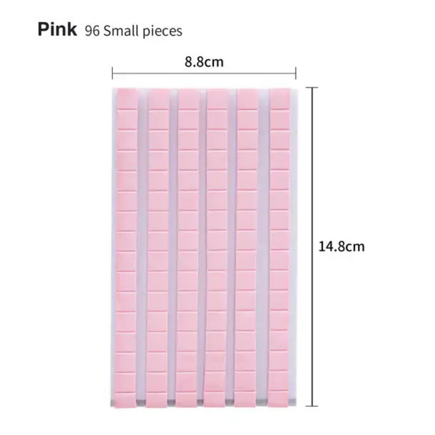 Sticky Putty Pink Golden Maple – 96 małych kawałków różowej masy mocującej ułożonych w 6 rzędach na arkuszu, wymiary arkusza 8,8cm × 14,8cm, białe tło
