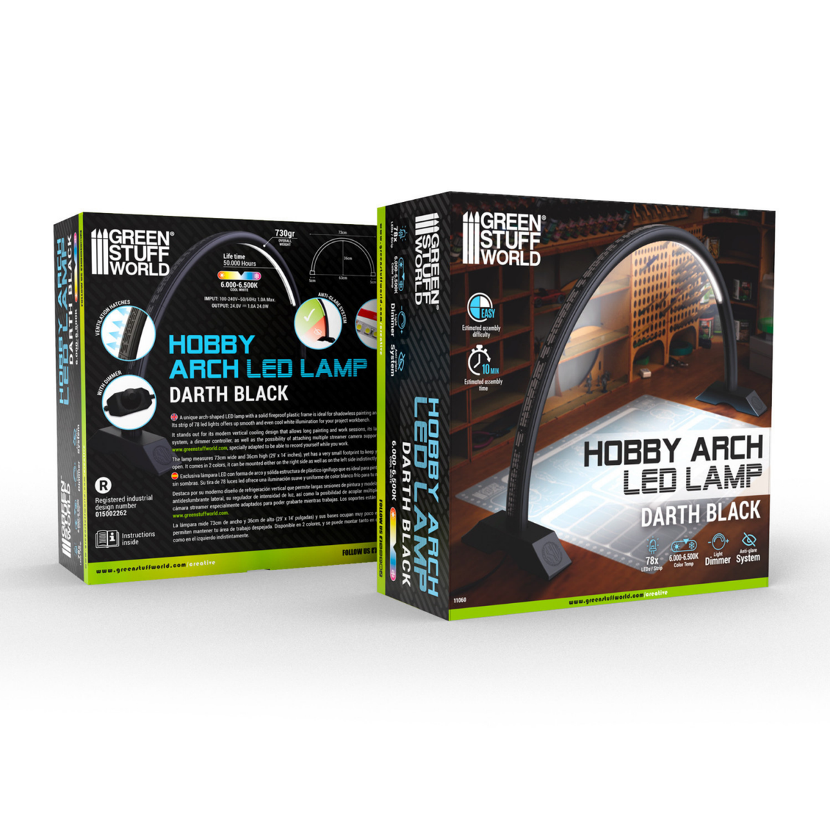 Hobby Arch LED Lamp Darth Black Green Stuff World – pudełko produktu z przodu i tyłu, czarna łukowa lampa LED 78 diod 6000-6500K z dimmerem i systemem antyodblaskowym, infografika z parametrami technicznymi, MPN 11060, logo GSW
