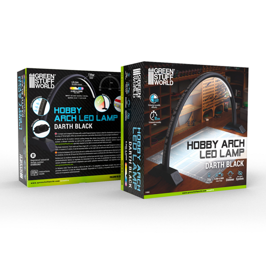 Hobby Arch LED Lamp Darth Black Green Stuff World – pudełko produktu z przodu i tyłu, czarna łukowa lampa LED 78 diod 6000-6500K z dimmerem i systemem antyodblaskowym, infografika z parametrami technicznymi, MPN 11060, logo GSW

