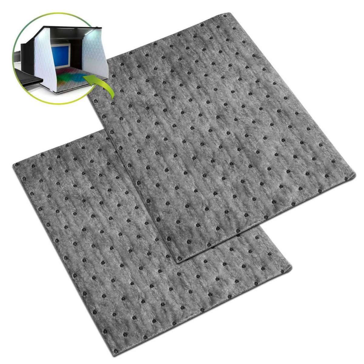 Paint Booth Absorbent Pad Green Stuff World – 2 chłonne maty polipropylenowe 395x350mm do kabiny lakierniczej, widok produktu z miniaturą kabiny
