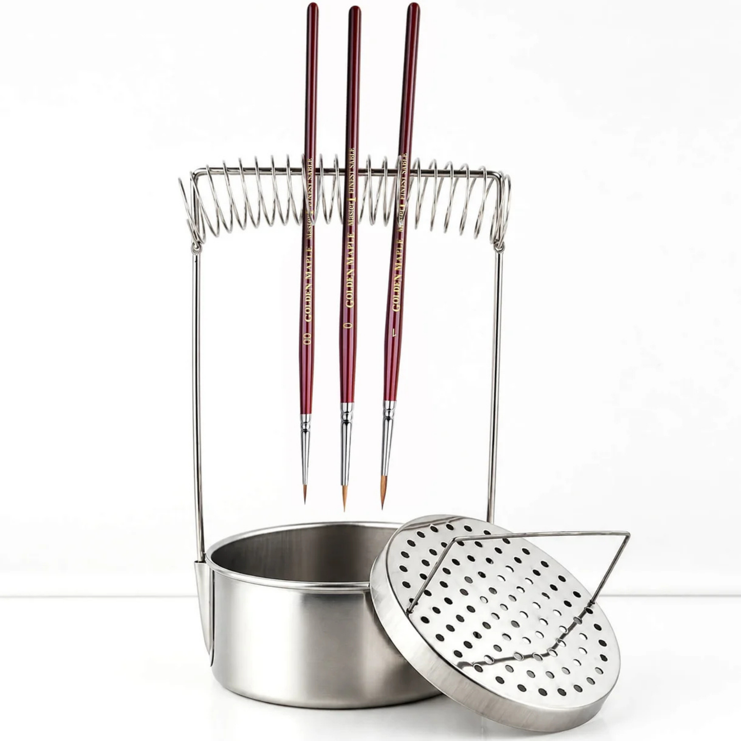 2-in-1 Portable Brush Washer & Drying Stand Golden Maple – stalowy pojemnik do mycia pędzli złożony z okrągłej miski ze stali nierdzewnej, wyjmowanej siatki filtrującej z uchwytem i sprężynowego uchwytu na pędzle; widok z przodu; białe tło
