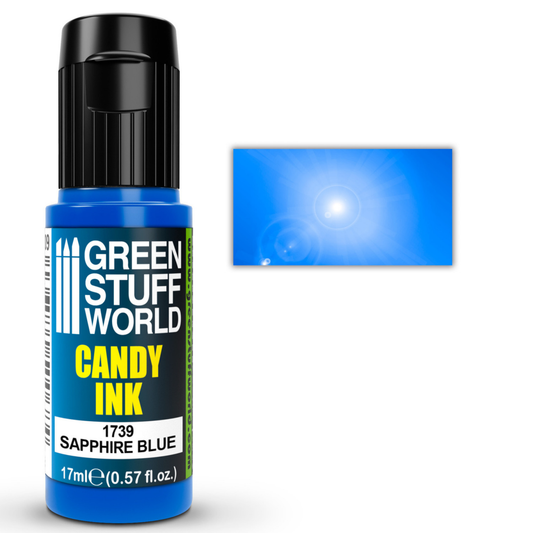 Candy Ink Sapphire Blue Green Stuff World – butelka dropper 17ml z transparentnym tuszem akrylowym w kolorze błękitu szafirowego, obok próbka koloru z efektem połysku gloss, napis "Candy Ink Sapphire Blue 1739", pojemność 17ml (0,57 fl.oz.), logo GSW
