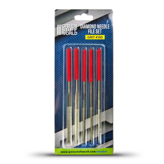 Diamond Needle File Set Grit 150 Green Stuff World – zestaw 5 diamentowych pilników igłkowych z czerwonymi uchwytami w blistrze, napis "Diamond Needle File Set Grit #150"
