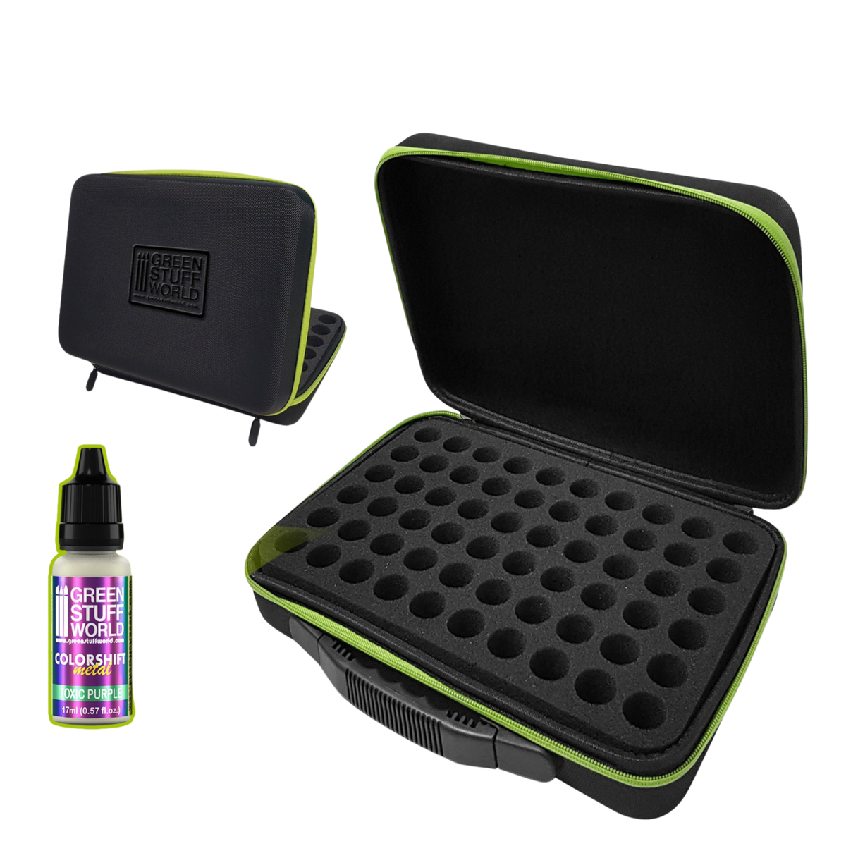 Paint Carry Case Green Stuff World – czarna twarda walizka z zielonym zamkiem błyskawicznym otwarta, widoczna pianka z 60 okrągłymi gniazdami na butelki dropper 17ml, obok zamknięta walizka z tyłu i butelka farby Colorshift Metal Toxic Purple 17ml, logo GSW
