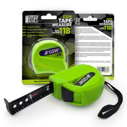GSW Inch Tape Measure – miarka calowa 118" w opakowaniu blister z opisem w 4 językach, EAN 8435646538778, waga 105g, rozmiar 61x55mm