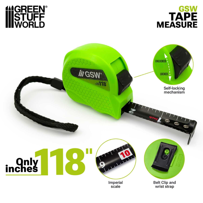 GSW Inch Tape Measure – infografika: samoblokujący mechanizm, skala calowa, klips do paska i pasek na nadgarstek, długość 118 cali