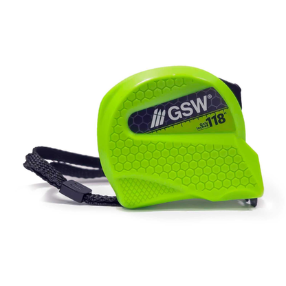 GSW Inch Tape Measure – zielona miarka calowa GSW 118" widok z tyłu, tekstura plastra miodu, pasek na nadgarstek, kompaktowy rozmiar 61x55mm