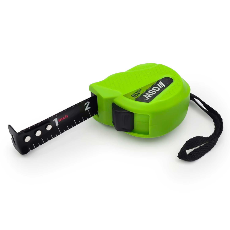 GSW Inch Tape Measure – miarka calowa z wyciągniętą taśmą pokazującą cale 1-2, widok izometryczny, zielona obudowa z logo GSW