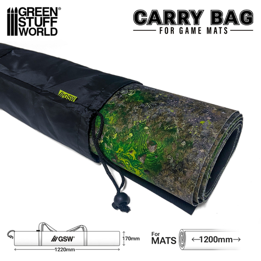 Green Stuff World Carry Bag for Game Mats 122cm – czarna torba tubowa z logo GSW ze zwiniętą matą neoprenową w środku, sznurek zaciągany, wymiary 122x17cm, infografika
