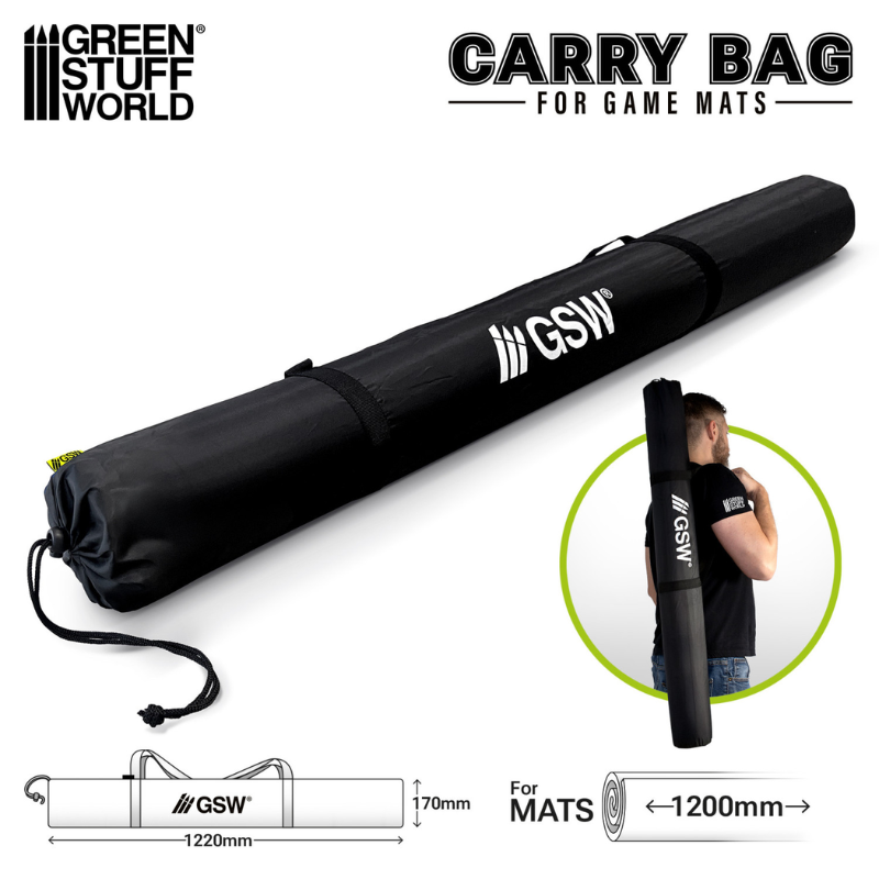 Green Stuff World Carry Bag for Game Mats 122cm – czarna torba tubowa z logo GSW zamknięta, mężczyzna niosący torbę na ramieniu, wymiary 122x17cm, infografika
