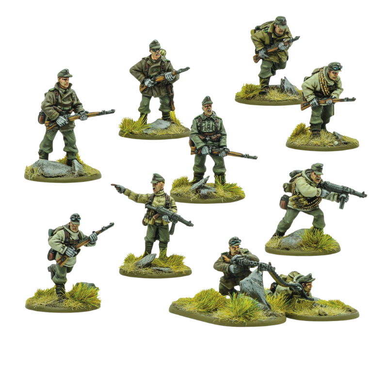  Gebirgsjäger Squad - Bolt Action 28mm - 10 metalowych figurek piechoty górskiej Wehrmacht z plecakami górskimi - widok z przodu - Warlord Games