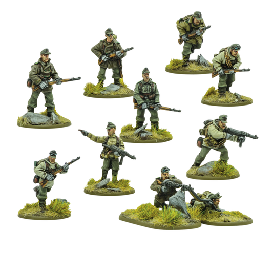  Gebirgsjäger Squad - Bolt Action 28mm - 10 metalowych figurek piechoty górskiej Wehrmacht z plecakami górskimi - widok z przodu - Warlord Games