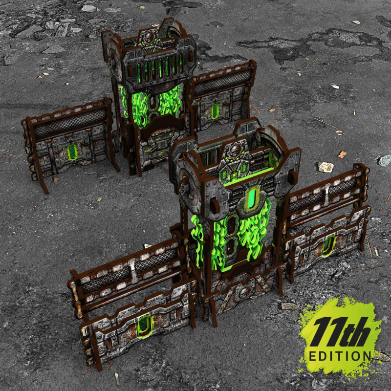Pre-painted Power Generator and Defensive Barricades 11th Edition – zestaw 2+4 na szarym tle, widok izometryczny, teren sci-fi 28-32mm Green Stuff World 6956