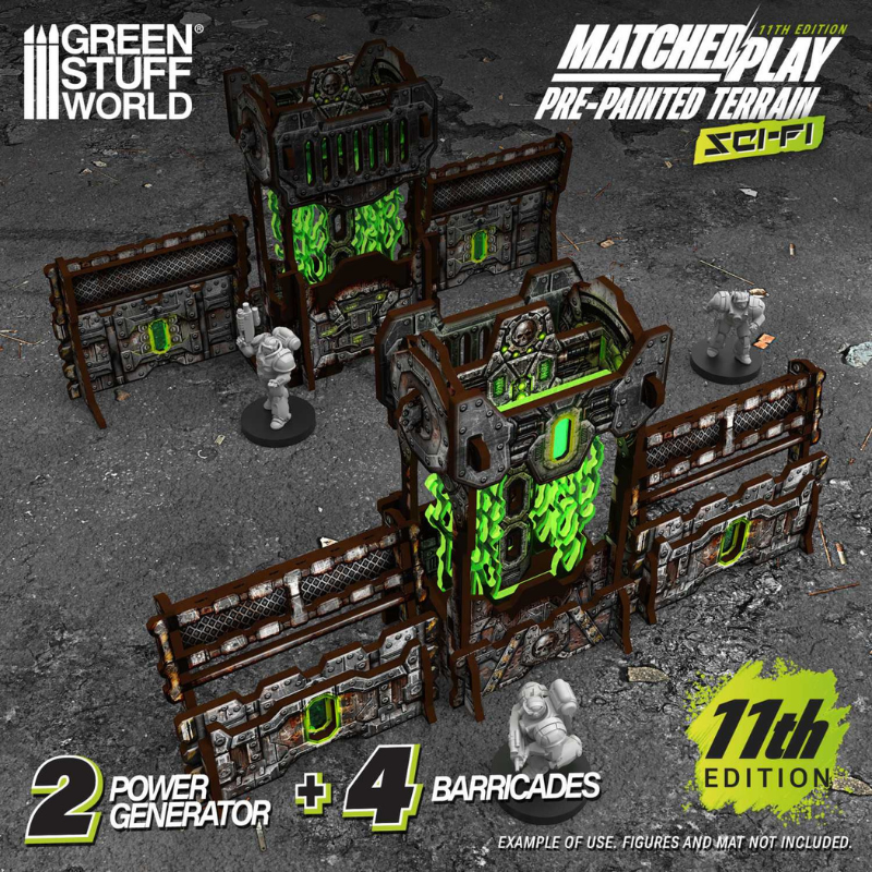 Pre-painted Power Generator and Defensive Barricades 11th Edition – 2 generatory i 4 barykady rozstawione na stole z figurkami Space Marines, układ turniejowy 11th Edition