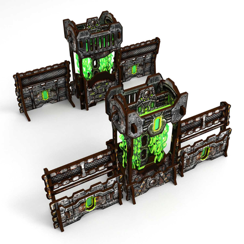 Pre-painted Power Generator and Defensive Barricades 11th Edition – kompletny zestaw 2+4 na białym tle, widok izometryczny, MDF + fluorescencyjny metakrylan sci-fi