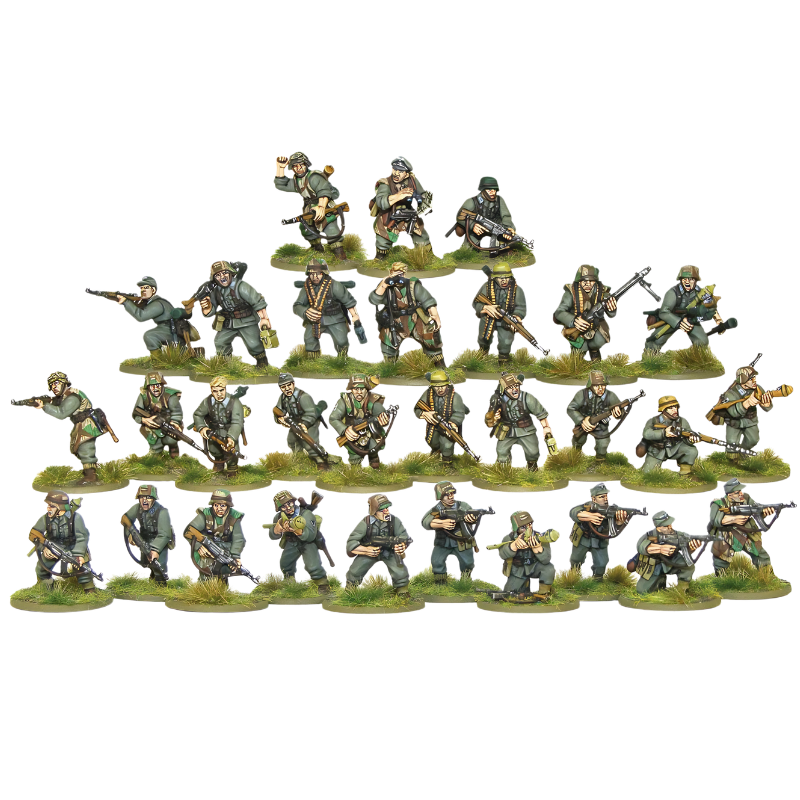German Grenadiers - Bolt Action 28mm - kompletny pluton 30 figurek z STG44 Panzerfaust MG42 na podstawkach - widok całości - Warlord Games