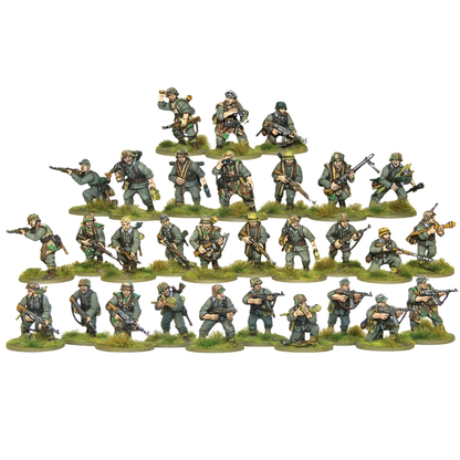 German Grenadiers - Bolt Action 28mm - kompletny pluton 30 figurek z STG44 Panzerfaust MG42 na podstawkach - widok całości - Warlord Games