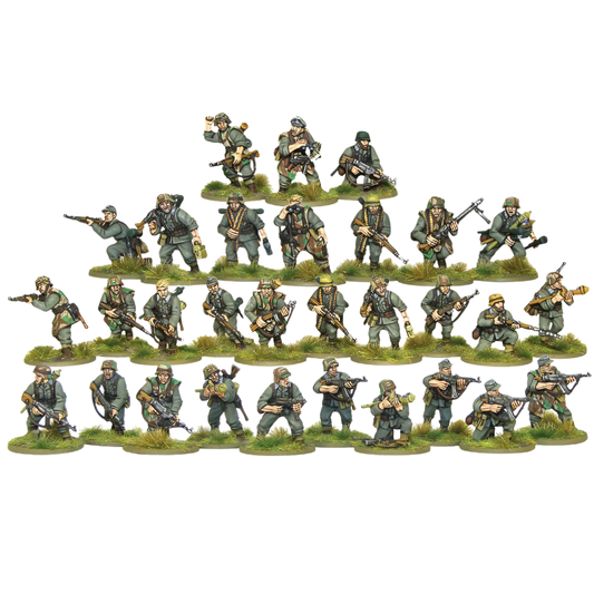 German Grenadiers - Bolt Action 28mm - kompletny pluton 30 figurek z STG44 Panzerfaust MG42 na podstawkach - widok całości - Warlord Games
