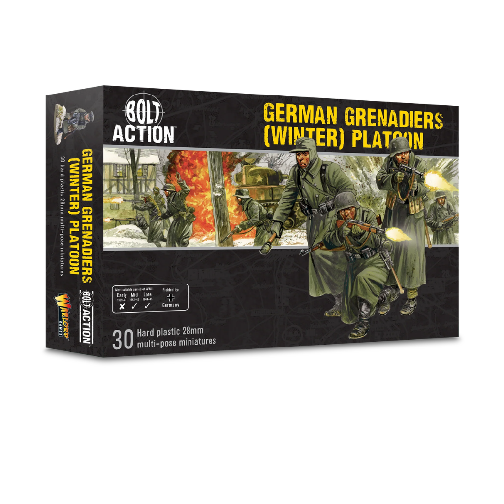 German Grenadiers Winter - Bolt Action 28mm - opakowanie pudełko z ilustracją piechoty w szynelach walczącej w śniegu - 30 figurek - Warlord Games
