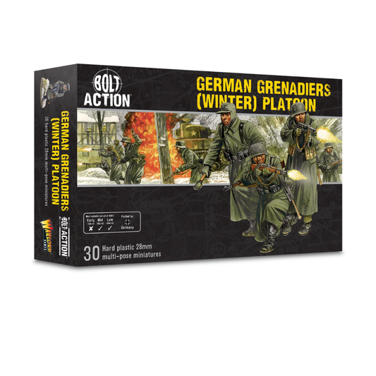 German Grenadiers Winter - Bolt Action 28mm - opakowanie pudełko z ilustracją piechoty w szynelach walczącej w śniegu - 30 figurek - Warlord Games