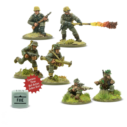 German Heer Weapons Teams - Bolt Action 28mm - kompletny zestaw pomalowanych figurek: zespół Panzerschreck, snajperzy, miotacz ognia Flammenwerfer z 3 kostkami rozkazów - skala 1/56 - Warlord Games
